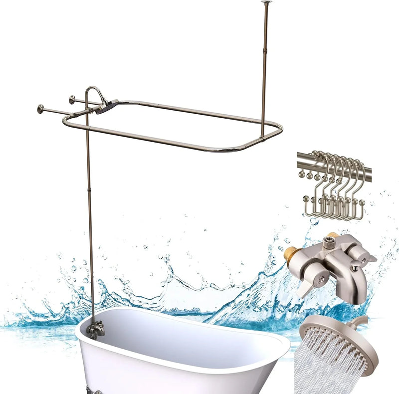 Clawfoot Tub Shower Kit, Add On Shower Units With Bathcock Diverter Faucet and 48" X 27“ Rectangular Claw foot Tub Shower Curtain Rod Kit,Claw foot Tub Shower Faucet Set,Brushed Nickel P4