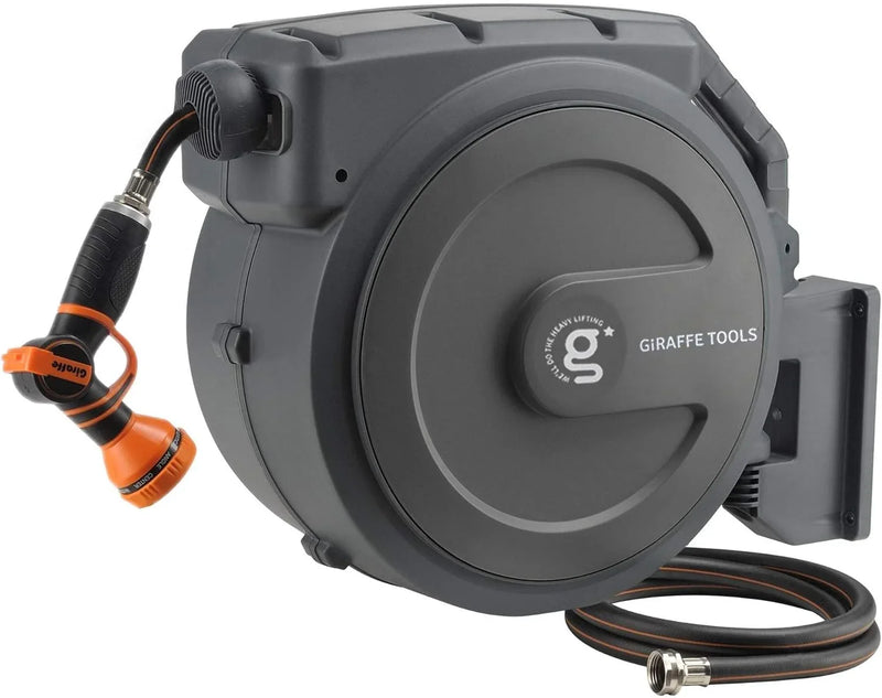 Tool-extendable garden hose reel, inner diameter 1/2 inch, length 155 inches, equipped with 5-foot extension hose, sturdy and durable, lockable at any length, slow retraction system, wall-mounted design, 180-degree rotating bracket E3