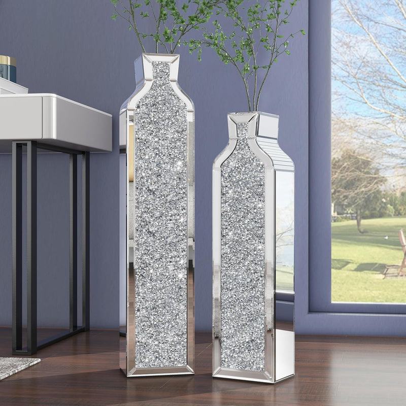 Floor vase crushing diamond reflective vase - Silver floor-style vase set (2-piece) - 24-inch and 30-inch large crystal goblet vases, suitable for living rooms, dining rooms, bedrooms, home corners, corridors, indoor offices and floors. P2