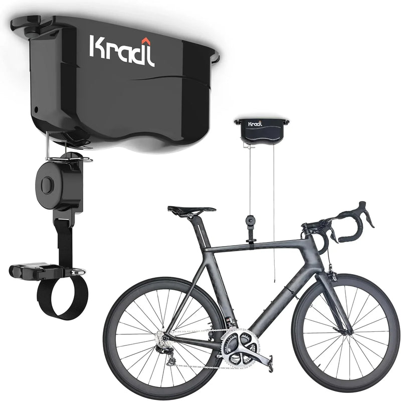 Wall-mounted bicycle lifting frame and storage rack. A bicycle storage and lifting frame that does not require electricity, nor clumsy ropes or pulleys. J6