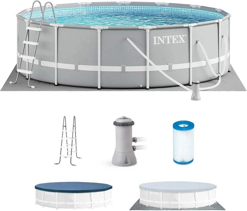 Above Ground Swimming Pool w/ Pump, Cover, & Ladder, 18' x 48", Prism Frame, Gray - Outdoor Round Family Pool w/ Filter, 42-Inch Deep Water A0