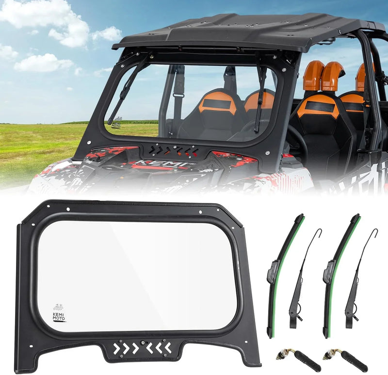 The glass windshield is equipped with 2 manual windshield wipers. It is scratch-resistant and wear-resistant. It is compatible with the 2019 - 2023 models of Arctic Cat RZR XP 1000 / RZR XP super sports vehicles. The front windshield has a ventilatio P0