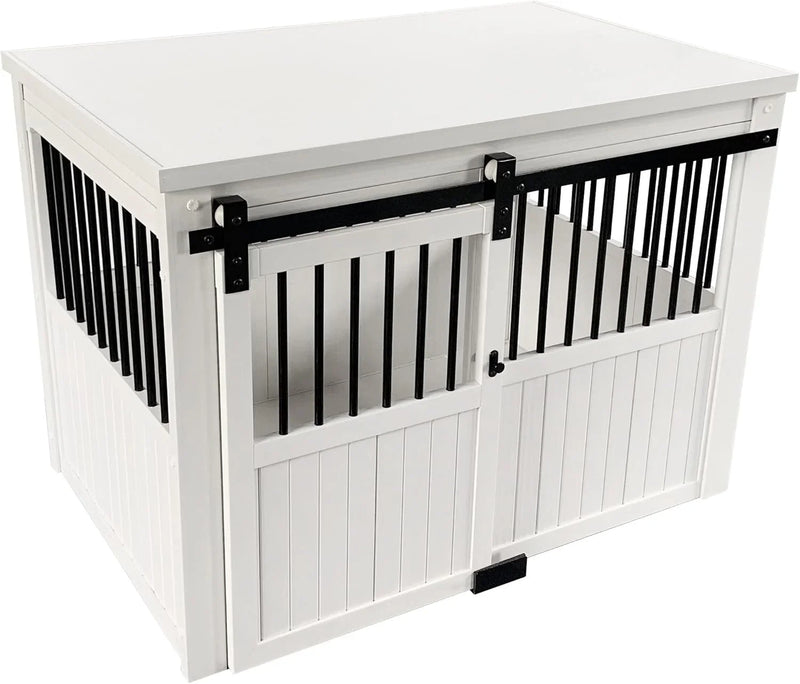 Farm sliding cowshed door furniture-style dog cage - antique white, large size. Unique style, durable and sturdy. Removable seat cushion. Easy to assemble. L6