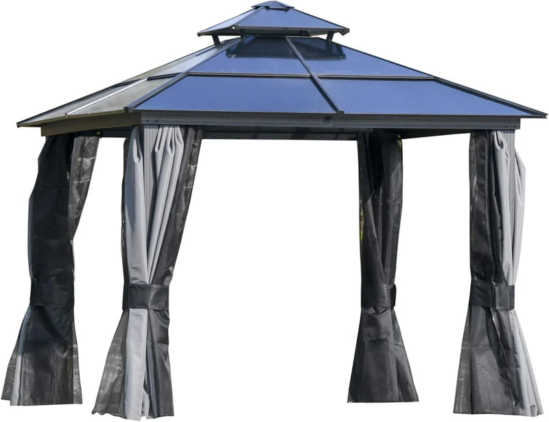 10 feet x 12 feet hard-top awning canopy, polycarbonate roof, aluminum frame, permanent outdoor awning, with net cover, suitable for patios, gardens, backyards, terraces, lawns, grasslands, light gray. S8