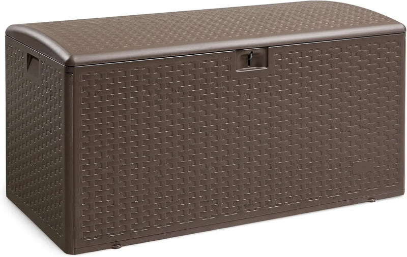Outdoor patio storage box - 150 gallons. Loft box, waterproof and highly resistant to weather, suitable for furniture cushions and gardening tools, brown color scheme. V9