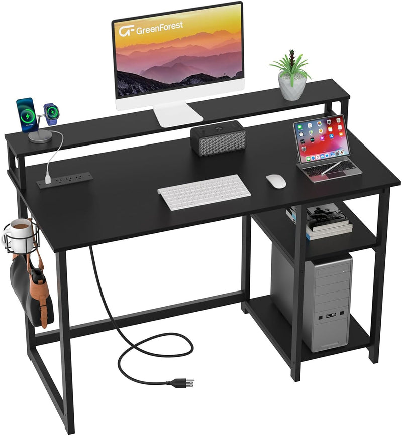 47 inch Computer Desk with Power Outlets, Small Home Office Desk with Ergonomic Monitor Stand, Reversible Gaming Desk, Modern Study Desk, Laptop Desk, White S9