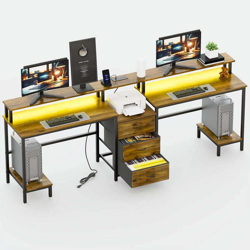 2 Person Desk with LED Lights & Charging Station – Long Desk for 2 with Storage Drawers, Monitor Riser, USB Ports & Outlets – Modern Study Table or Workstation for Home Office X2