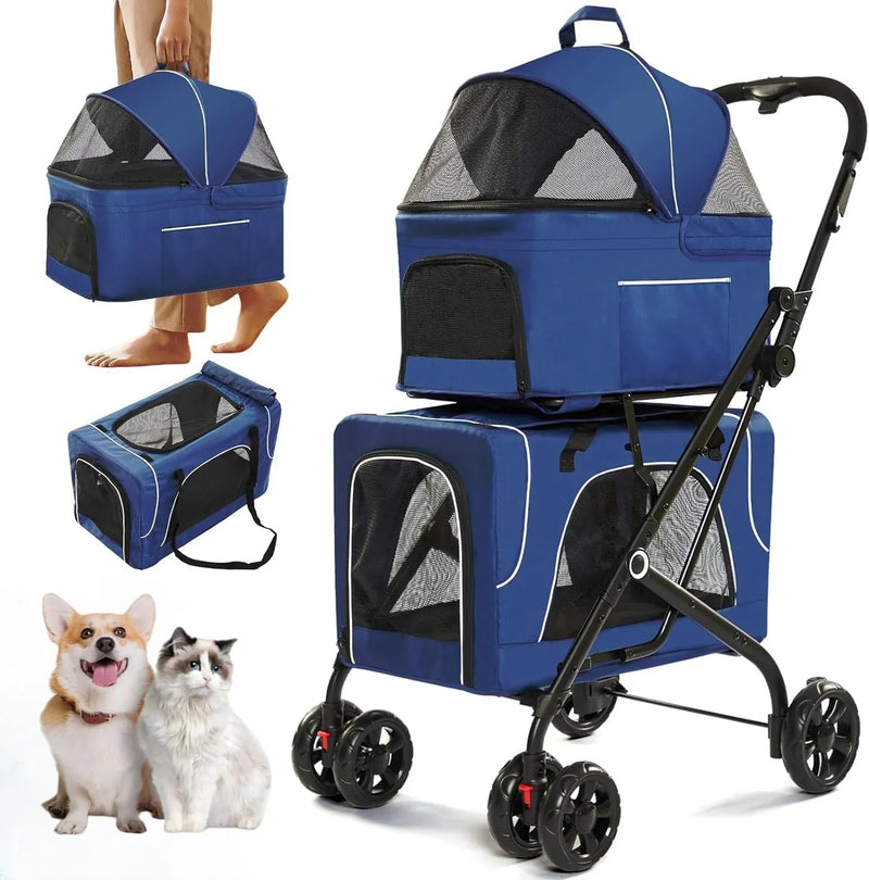Double Dog Stroller for 2 Dogs, Detachable Carriers, Safety Belt, Lockable Wheels, Pet Travel Carrier Strolling Cart, Folding Cat Stroller for Small Medium Pets Dogs (Blue) D0