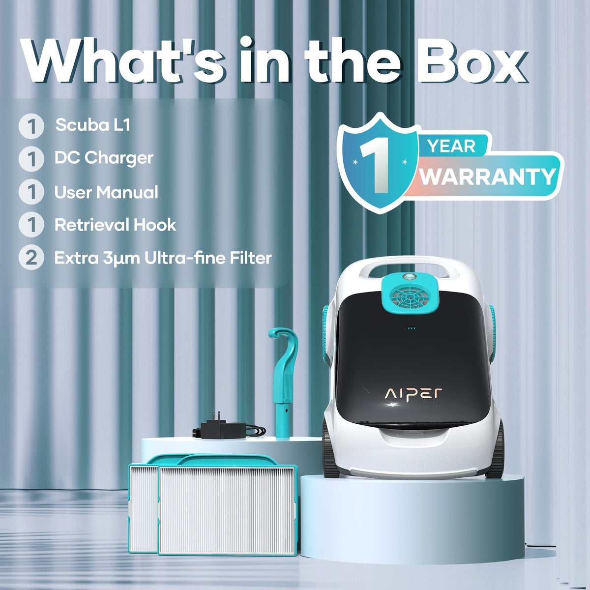 Aiper Scuba L1 Cordless Robotic Pool Cleaner, Tri-Motor, Advanced Filtration & Quick Drain, Ideal for Above-Ground Pools up to 1,100-sq.ft.