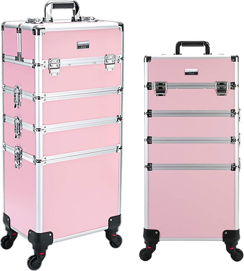 4 in 1 Professional Rolling Aluminum Cosmetic Makeup Train Organizer Storage Case Artist Train Case Salon Beauty Cosmetic Jewelry Organizer Trolley with 4 Wheels (All Black) T8