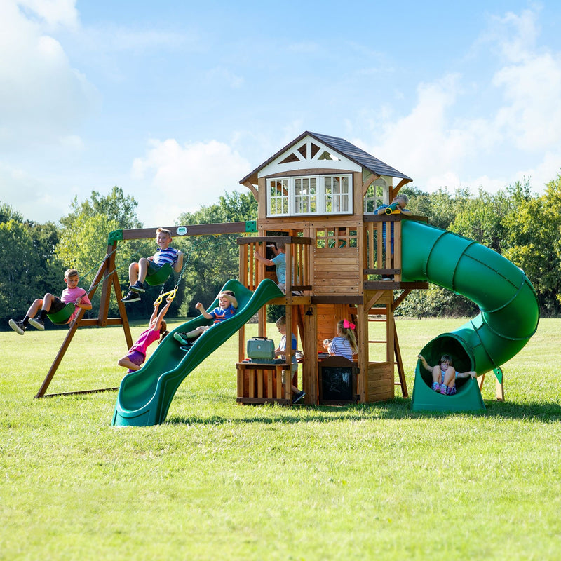 Backyard Discovery Kids' Bristol Point Cedar Wood Swing Set with Swing Beam, Upper & Lower Fort, Rock Wall & Slide Play for up to 11 Kids K0
