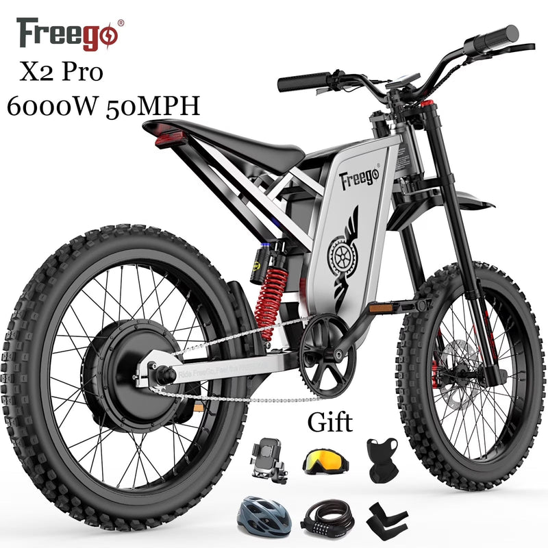 6000W(Peak) Motor 60V/30Ah Battery Freego X2Pro Electric Motorcycle for Adults, Electric Bike,50MPH/7 Speed Off Road Electric Bicycle,19 x 2 Full... D1