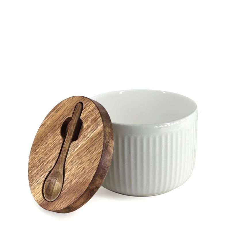 BIA Porcelain Salt/Herb Keeper with Spoon & Acacia Lid, Dishwasher Safe D6