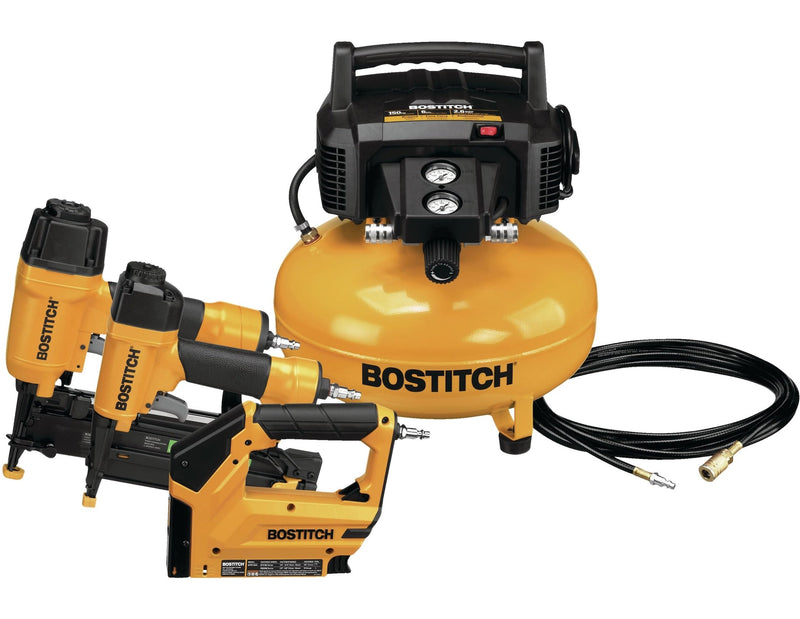 Bostitch Oil-Free Portable 3-Gun & Pancake Air Compressor Combo Kit, 150-PSI V2