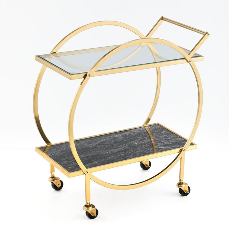 Brassex Zara 2-Tier Circular Rolling Bar Storage Cart with Mirrored Top, Gold S6