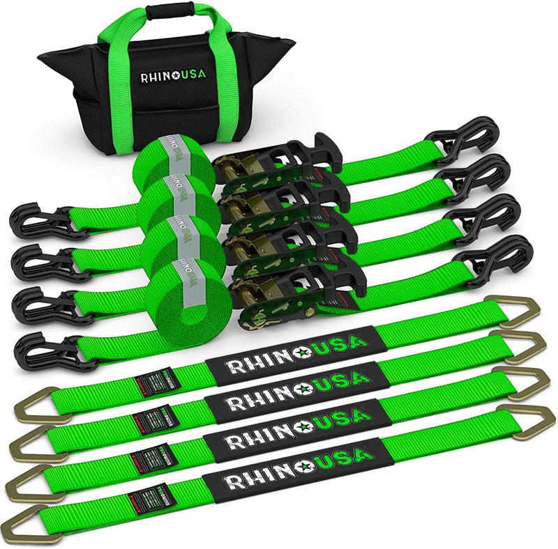 Car Tie Down Straps for Trailers with J Hooks (4-Pack) - 2 Inch x 8 Feet (10,000lb Break Strength) - Heavy Duty T-Handle Car Hauler Tire Straps for Trailer & UTV with Axle Straps - Black H6