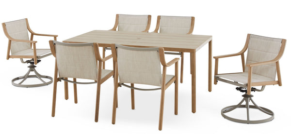 CANVAS Sauble Sling Outdoor Patio Dining Set with Swivel Chairs and Umbrella Hole, Tan, 7-pc D5
