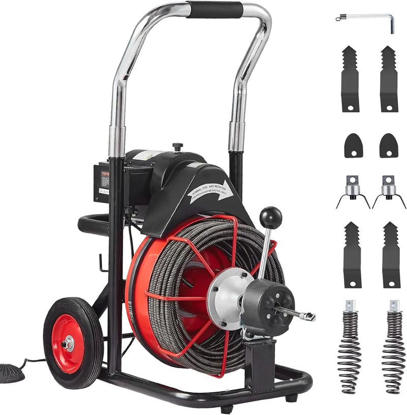 Drain Cleaner Machine 100FT x 1/2 Inch, Auto Feed Sewer Snake Auger on Wheels, 550W Portable Drain Cleaning Machine with 8 Cutters & Air-activated Foot Switch for 2" to 4" Pipes W3