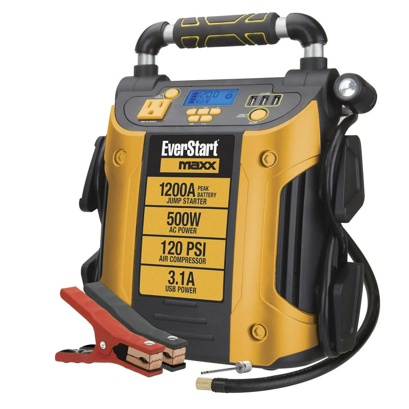 J5CPDE Jump Starter, Power Station, 1200 Peak Battery Amps with 500W Inverter and 120 PSI Compressor E1