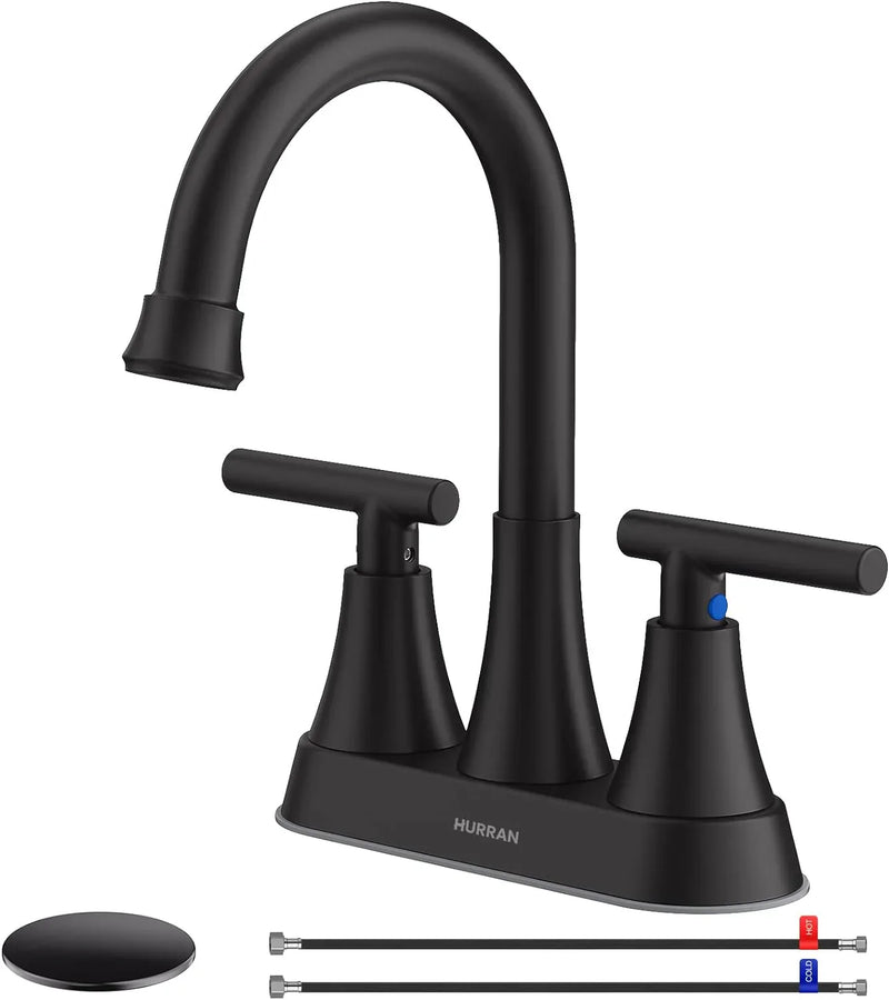 Bathroom Faucets for Sink 3 Hole, Hurran 4 inch Matte Black Bathroom Sink Faucet with Pop-up Drain Y8