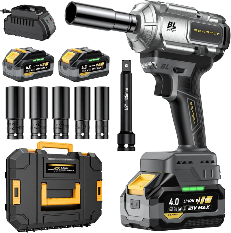 Cordless Impact Wrench, 1200Nm(900ft-lbs) High Torque 1/2'' Impact Wrench, 21V Brushless Electric Impact Gun with 2Pcs 4.0Ah Batteries, 1 Hour Fast Charger, 5 Sockets, Power Impact Driver for Car Home G6