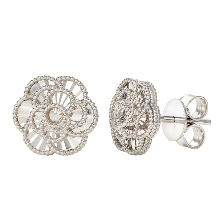 Diamond Cut Textured Flower Stud Earrings in White Gold D1