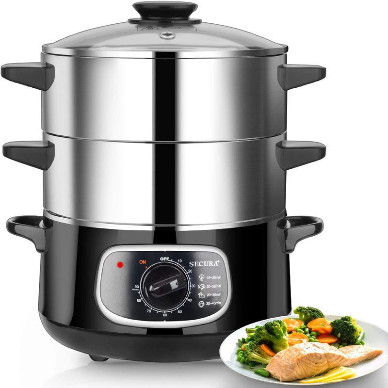 2 stainless steel food steamers, 8.5 liters capacity, electric glass-covered vegetable steamer, double-layer stackable steaming basket, with timer included E5