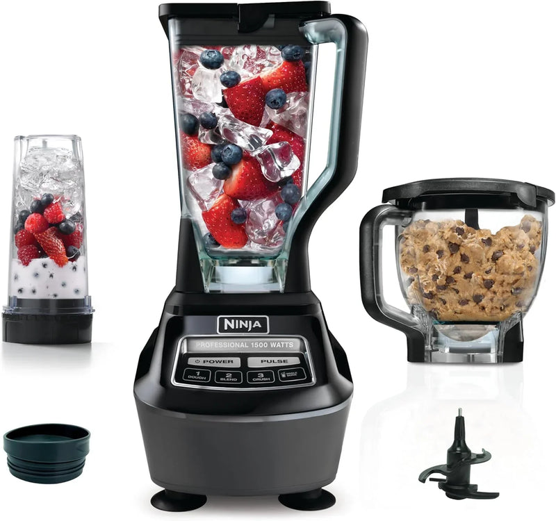 Blender, Mega Kitchen System, 1500W, 4 Functions for Smoothies, Processing, Dough, Drinks & More, with 72 Blender Pitcher, 64 Processor Bowl, 2 Nutri Cups Lids, Black, BL770 R1