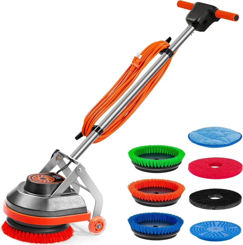 Commercial Floor Scrubber Machine with Brushes and Pads, Heavy Duty Floor Buffer Polisher and Cleaner- Deep Cleaning Tile and Grout, Hardwood Floors and Carpets without Getting on Hands and Knees V1