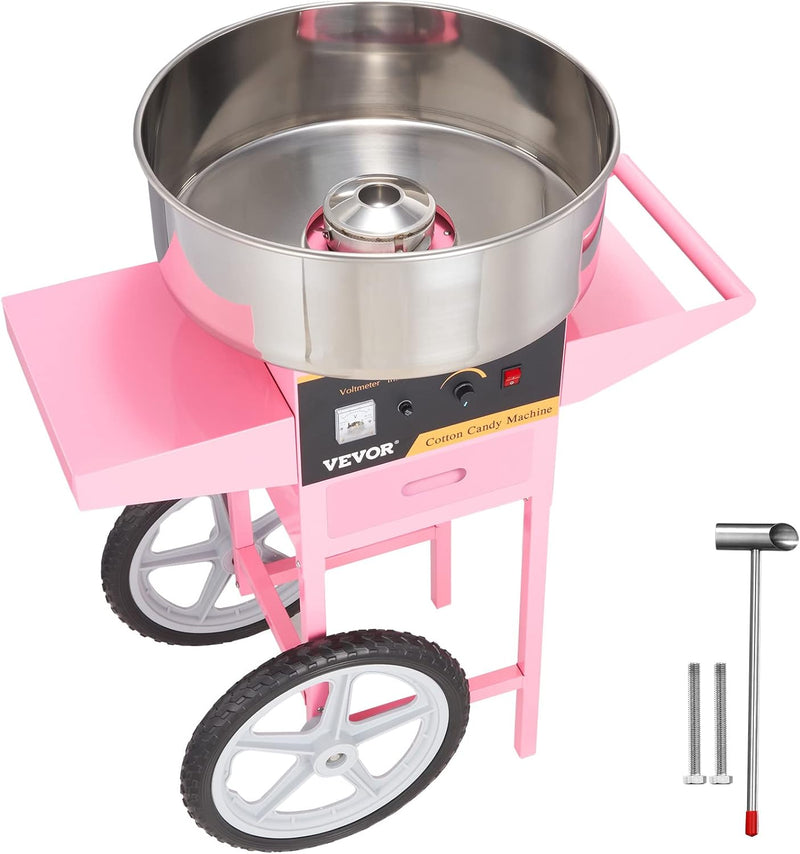 Electric Cotton Candy Machine with Cart, 1000W Commercial Floss Maker with Stainless Steel Bowl, Sugar Scoop and Drawer, Perfect for Home, Kids Birthday, Family Party, Pink F0