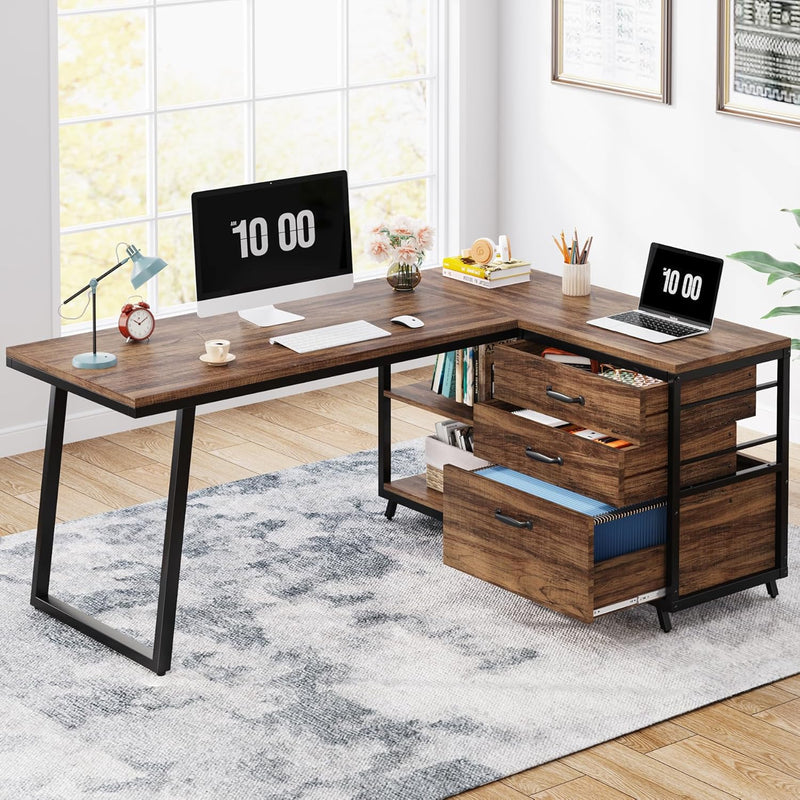 L-Shaped Computer Desk with 3 Drawers, Reversible Corner Home Office Desk with Shelves, 53-Inch Industrial PC Desk Study Writing Table Workstation for Small Space, Rustic Brown K4