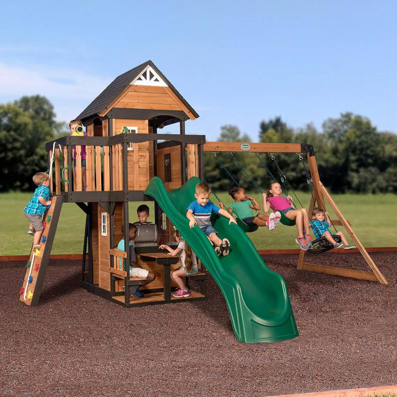 Backyard Discovery Canyon Creek Cedar Wood Swing Set with Wave Slide, Clubhouse, Play Kitchen, Picnic Area, Belt Swings, Web Swing, Rock Wall, Balconies, Playhouse, Step Ladder, Outdoor Playset L9