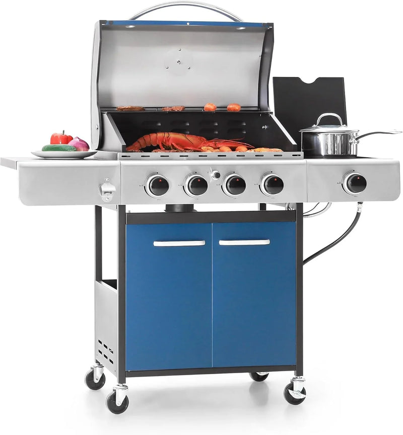 Burner Propane Gas BBQ Grill with Side Burner & Porcelain-Enameled Cast Iron Grates, 42,000 BTU Output Stainless Steel Grill for Outdoor Cooking Kitchen and Patio Backyard Barbecue-Captiva T6