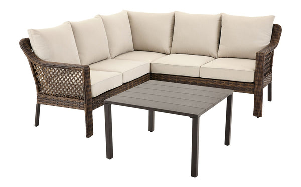 FOR LIVING Bracebridge All-Weather Wicker Outdoor Patio Sectional with Woodgrain Steel Table Top, Brown, 3-pc K1