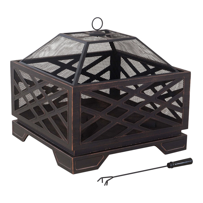 For Living Lawrence Steel Outdoor Wood Burning Fire Pit with Fireplace Poker, 25 x 25 x 26-in V5