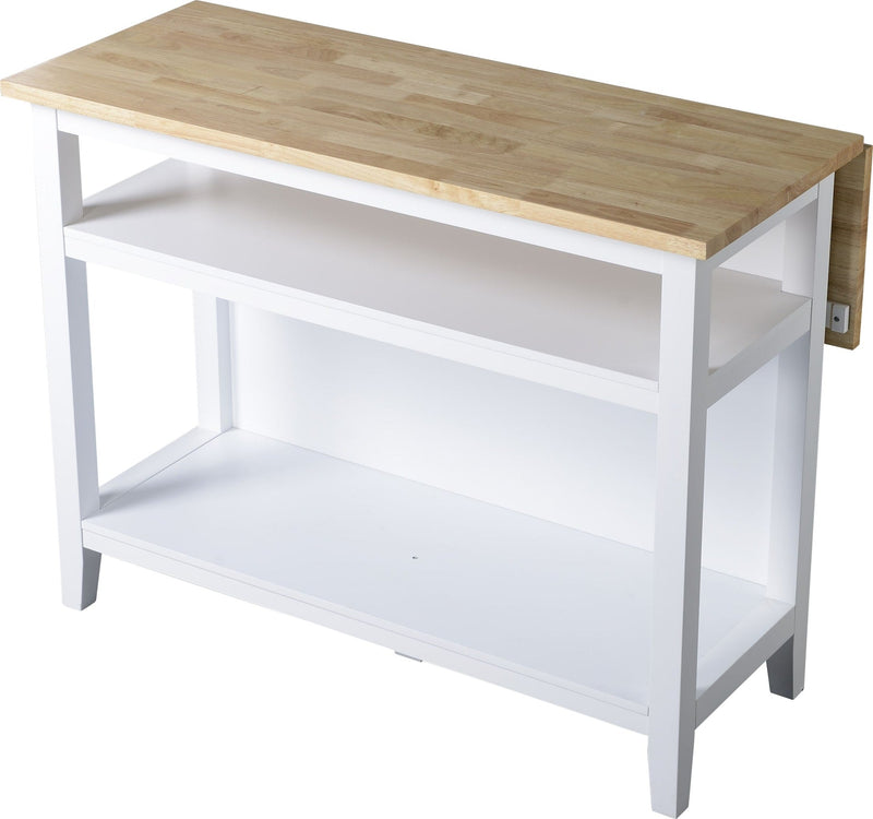 For Living Wood Top Open Shelf Kitchen Storage Island With Folding Leaf, White A6