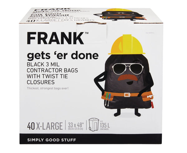 FRANK Extra-Large Twist-Tie Contractor Garbage Bags, 40-pk, Black, 135-L Z1