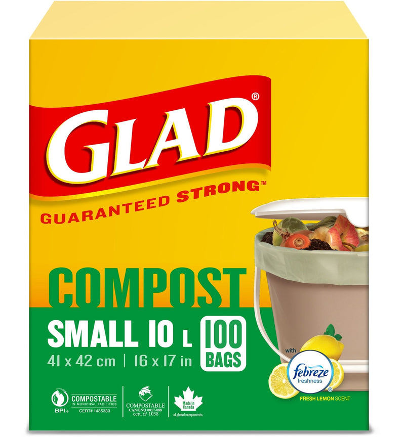 Glad Small 100% Compostable Febreze Lemon Scented Food Waste Bags, 100-pk, 10-L C9