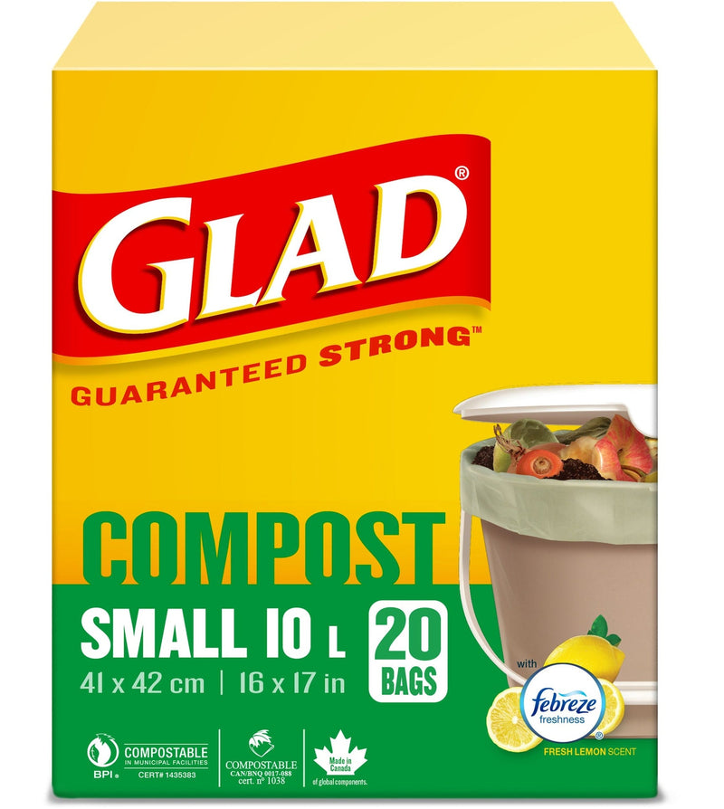 Glad Small 100% Compostable Febreze Lemon Scented Food Waste Bags, 20-pk, 10-L R2