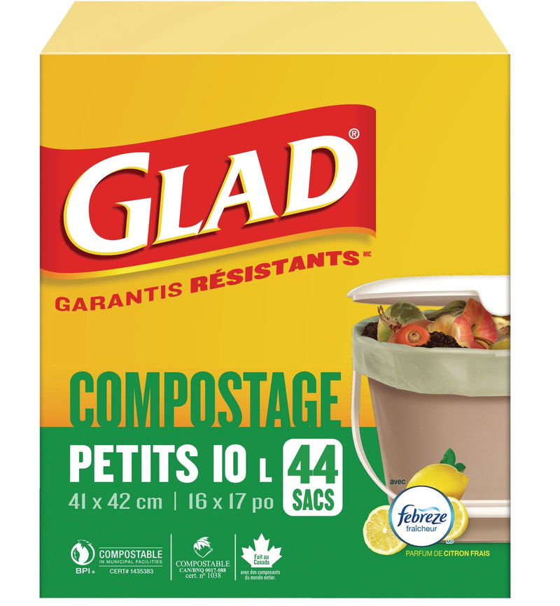 Glad Small 100% Compostable Febreze Lemon Scented Food Waste Bags, 44-pk, 10-L O0