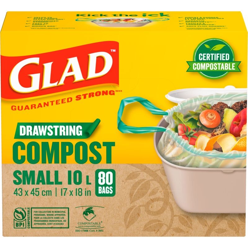 Glad Small Certified Compostable Drawstring Food Waste Bags, 80-pk, Opaque, 10-L B9