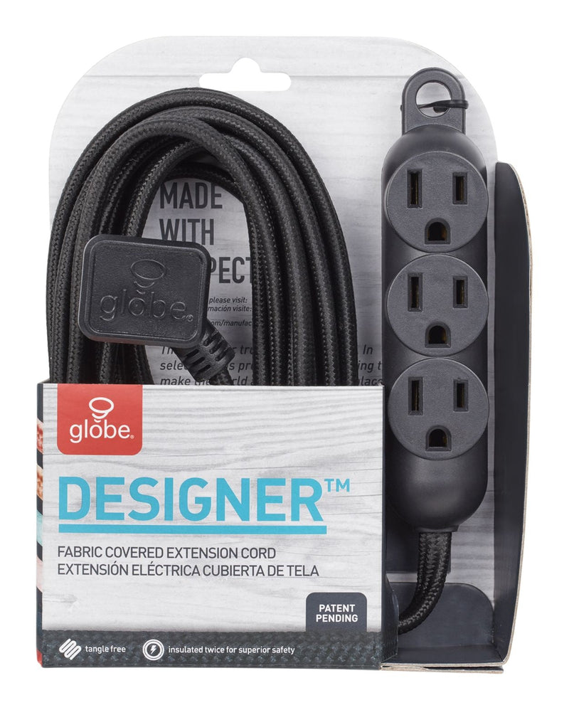 Globe 12-ft 16/3 Fabric Extension Cord, Right Angle Plug, 3 Outlets, Black H5