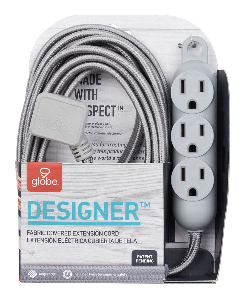 Globe 12-ft 16/3 Fabric Extension Cord, Right Angle Plug, 3 Outlets, Grey K1