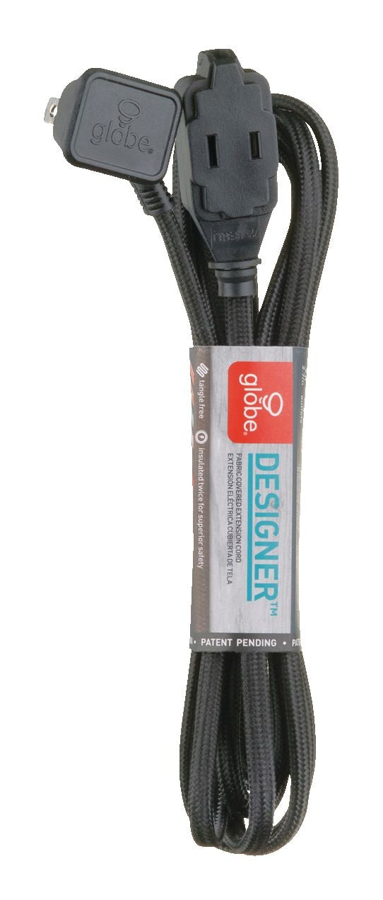 Globe 9-ft 16/2 Fabric Extension Cord, Right Angle Plug, 3 Outlets, Black J1