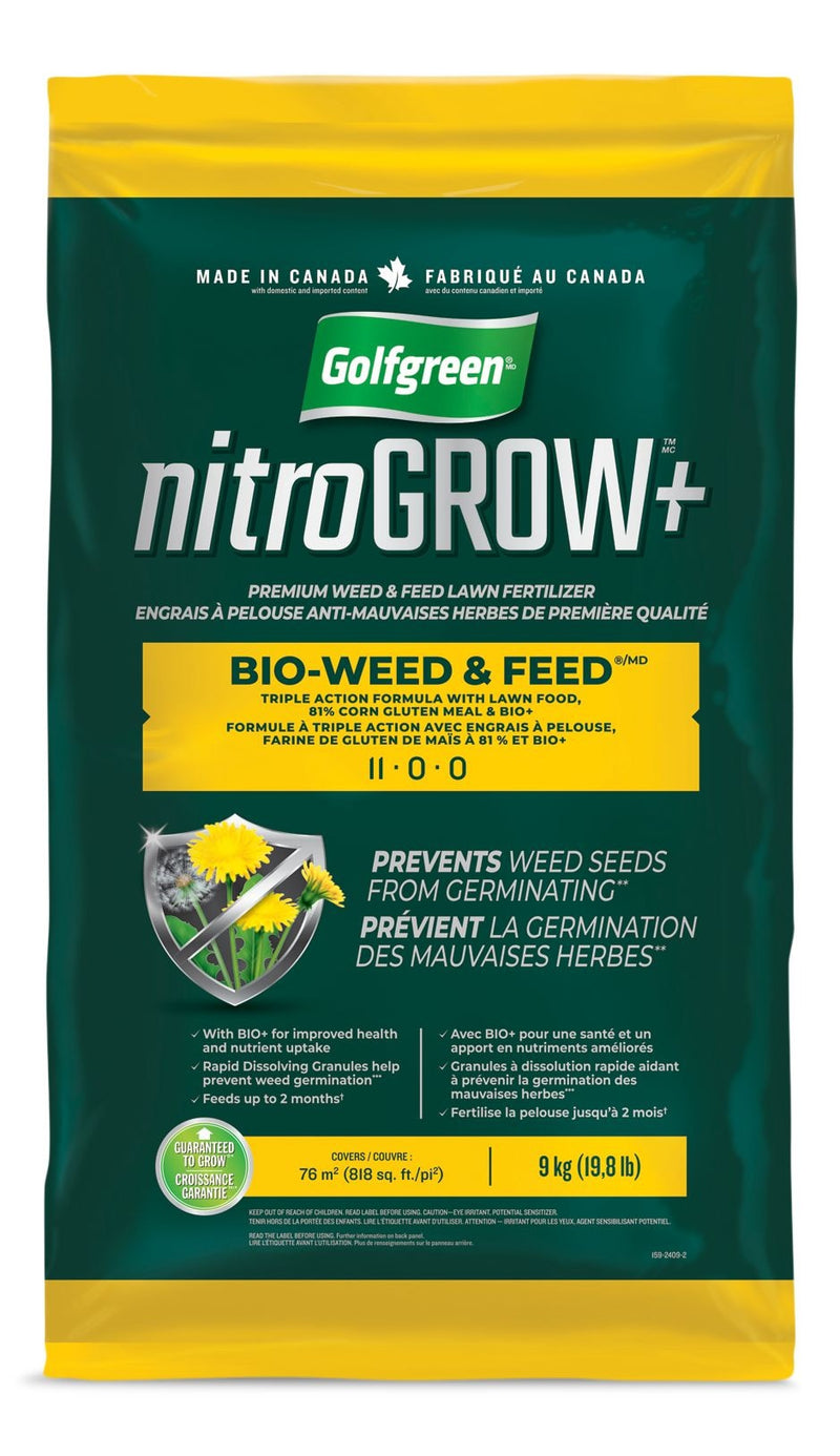 Golfgreen Nitrogrow+ Bio-Weed & Feed Lawn Fertilizer, 11-00-00, 9-kg X9