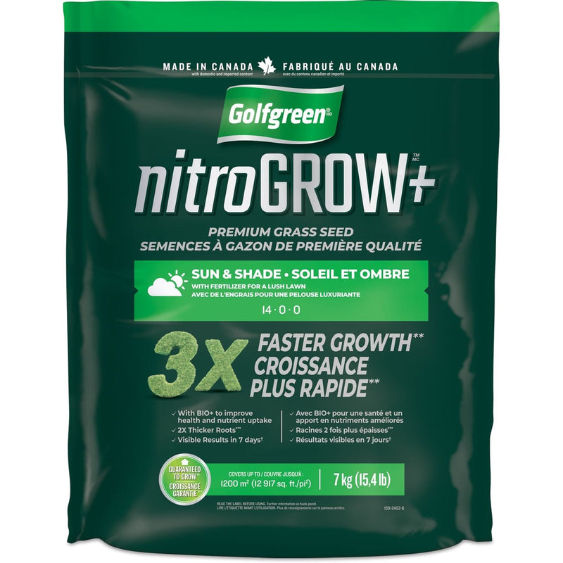 Golfgreen Nitrogrow+ Premium Nitrogen Enriched Sun and Shade Grass Seed with Fertilizer, 14-0-0, 7kg K6