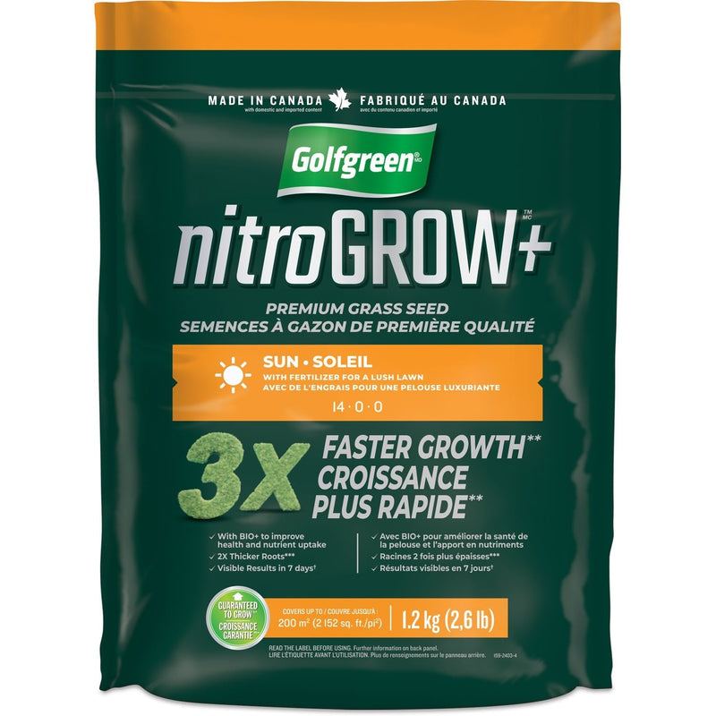 Golfgreen Nitrogrow+ Premium Nitrogen Enriched Sun Grass Seed with Fertilizer, 14-0-0, 1.2kg O9