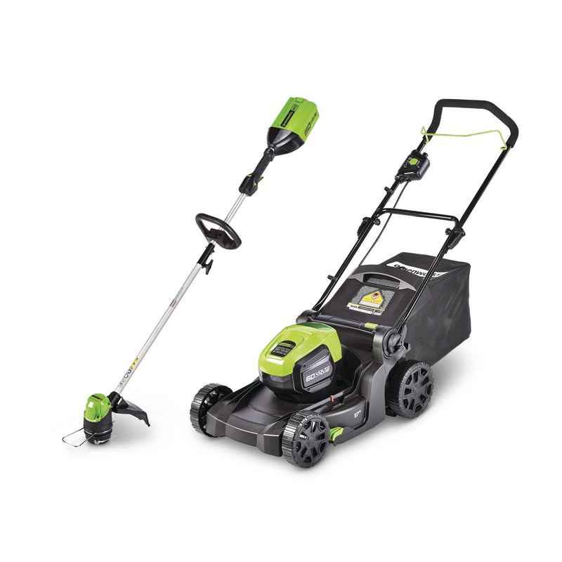 Greenworks 2-in-1 60V 4Ah Battery, Cordless Push Lawn Mower + String Trimmer, 17-in + 13-in L7
