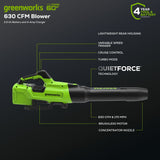 Greenworks 60V 630CFM 170MPH Leaf Blower 2.5Ah Battery 3A Charger