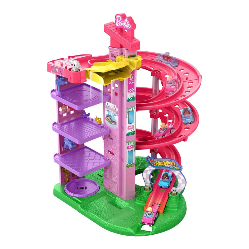 Hot Wheels Barbie Racerverse Toy Vehicle Track Set with 2 1:64 Die-Cast Vehicles and Figures W5